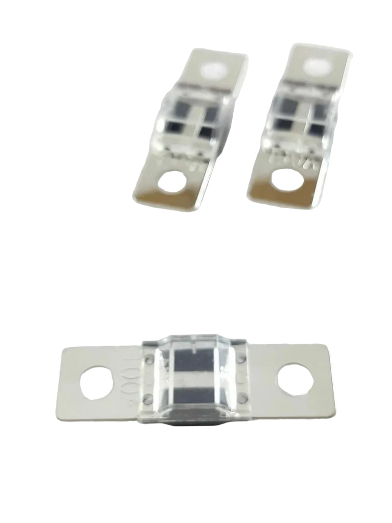 Three metallic connectors on a white background