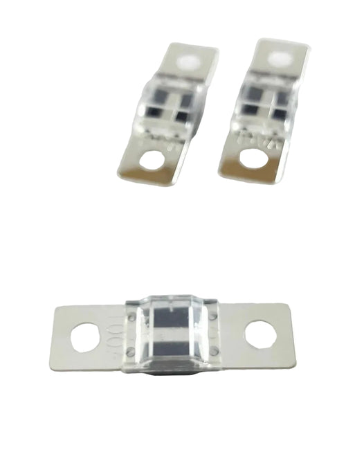 Three metallic connectors on a white background