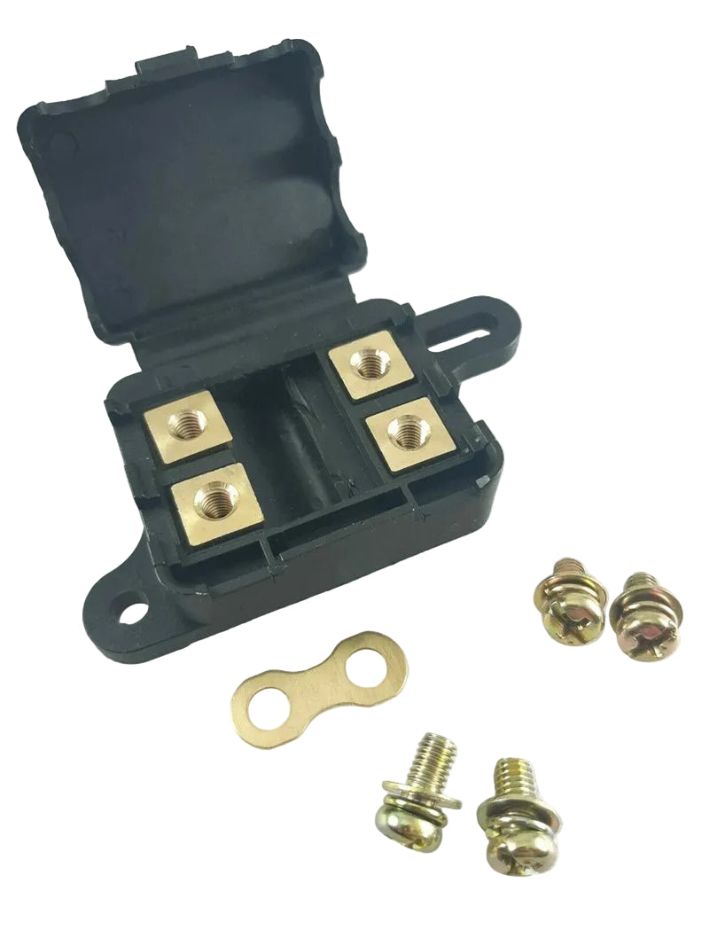 Black electrical connector with gold contacts on a white background