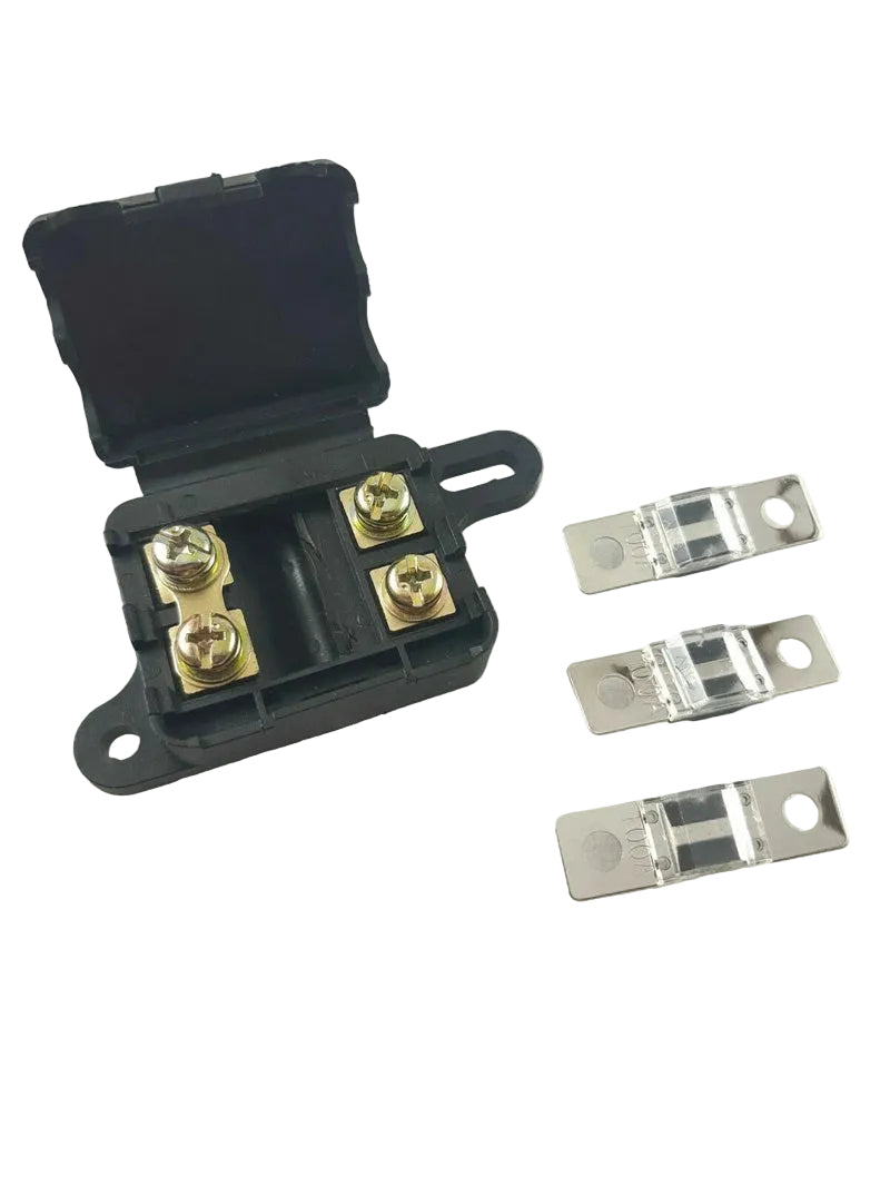 Black electrical connector with gold contacts and three silver fuses on a white background