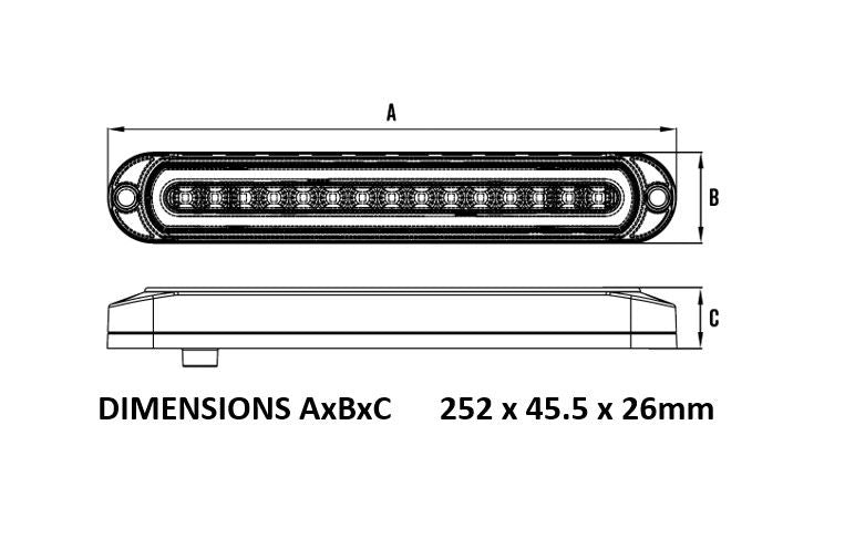 LED Rear Indicator/Tail/Combo/Stop/Reverse Lamp Glowtech 12V Blacked Out Lens Surface Mnt 252x45mm
