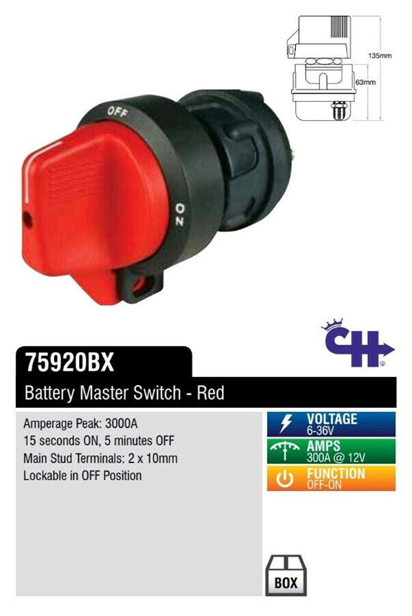 Battery Master Switch 75920 SPST On/Off Cole Hersee Isolator 300A @ 12v Lockable