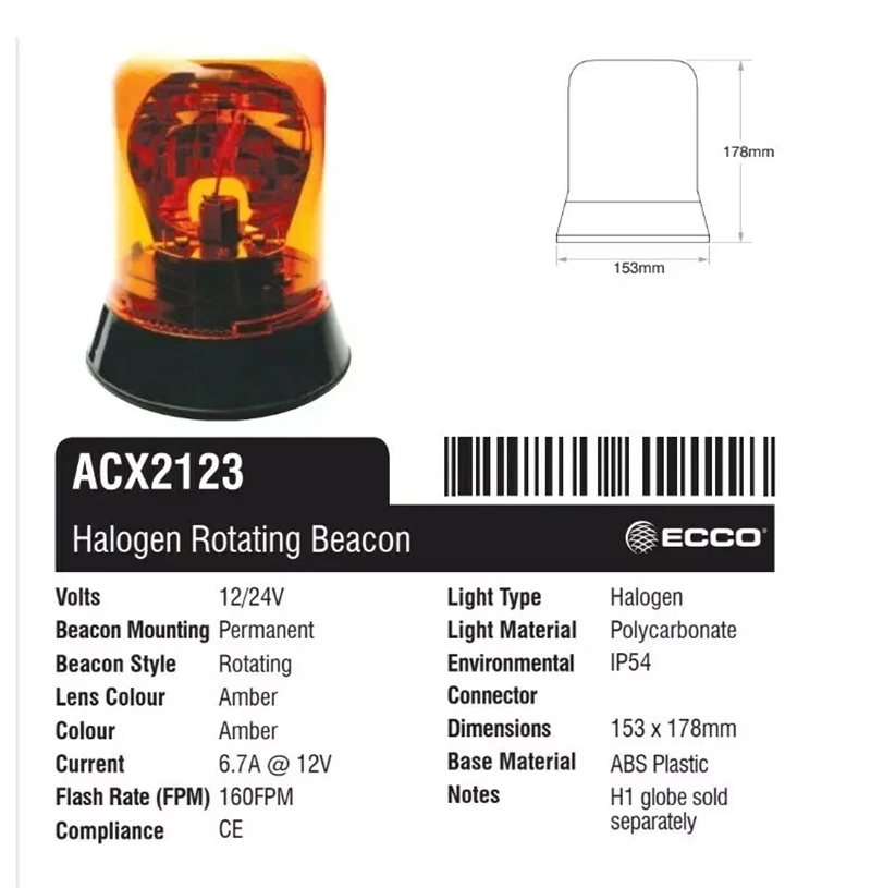 Amber Beacon Halogen 12/24v Permanent Mount ACX2123 Revolving Beacon 178 x 153mm
