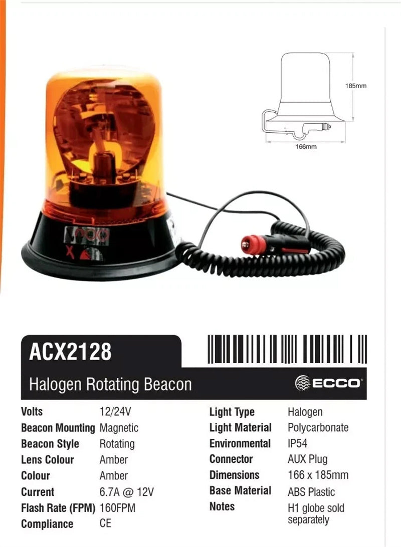 ECCO Amber Beacon Magnetic Mount Halogen Class 1 - 166mm x 185mm