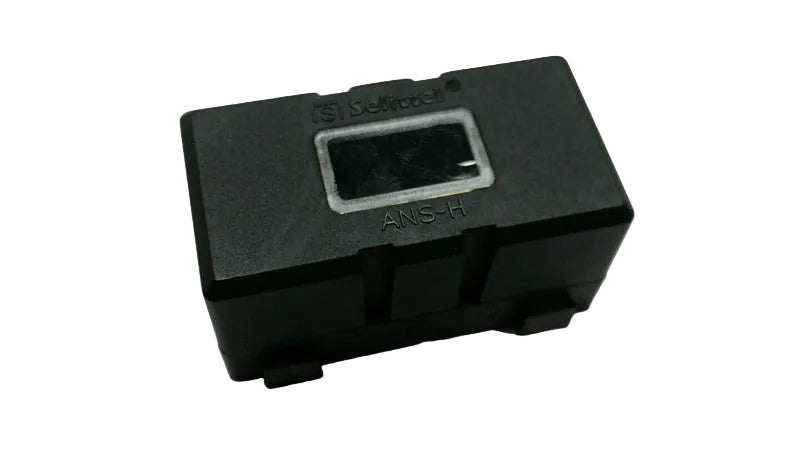 Black rectangular device with a small window on a white background