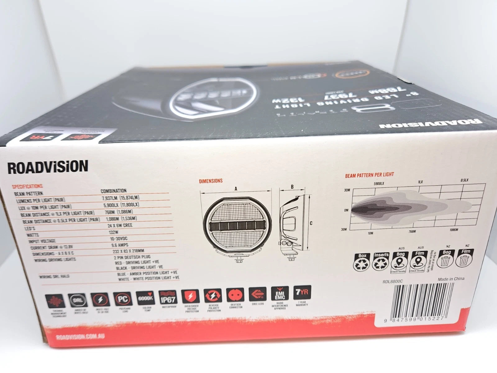 Roadvision LED Driving Light 8" Stealth 9-32V with DRL 132W Combo Beam 7937LM
