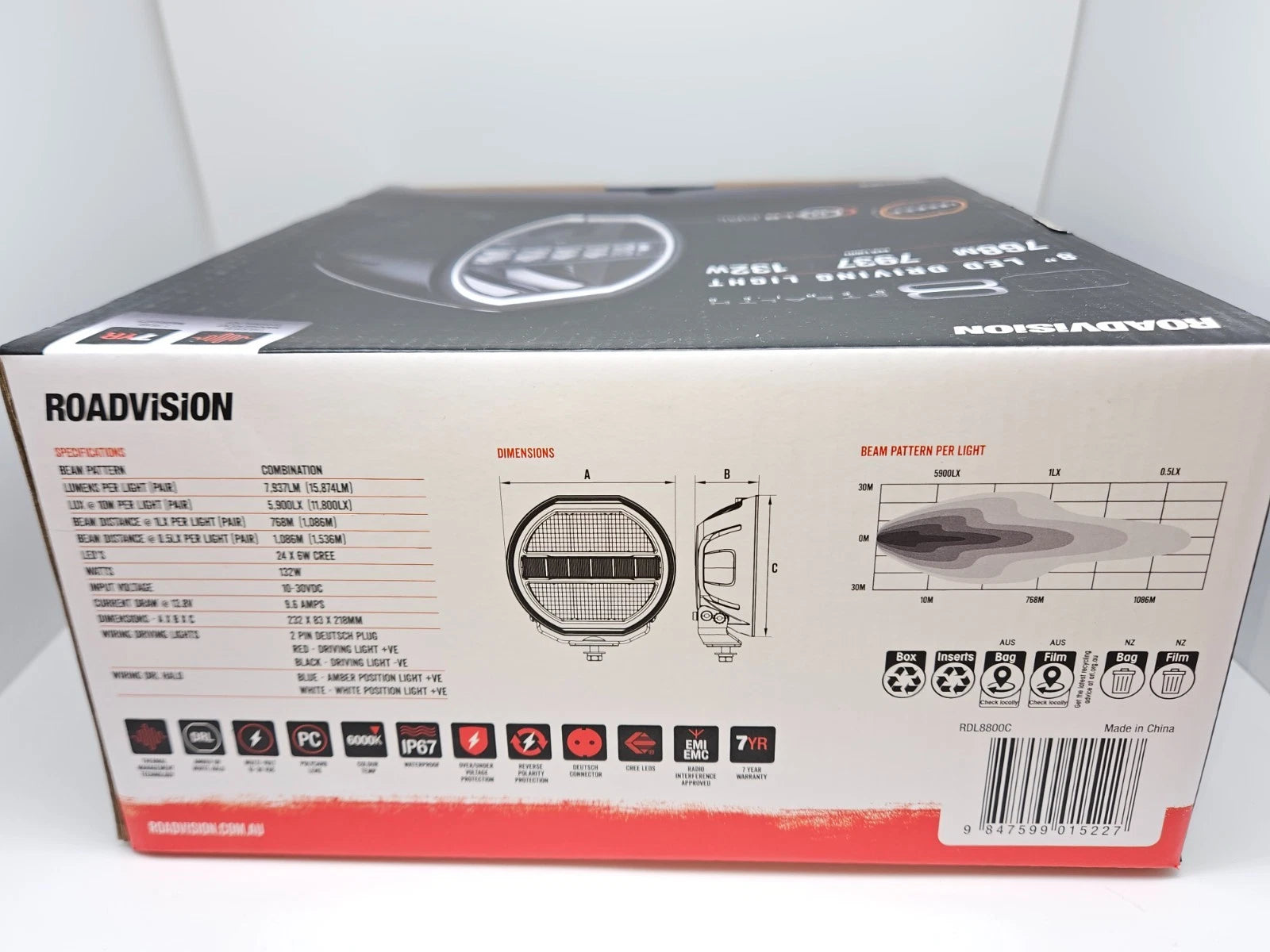 Roadvision LED Driving Light 8" Stealth 9-32V with DRL 132W Combo Beam 7937LM