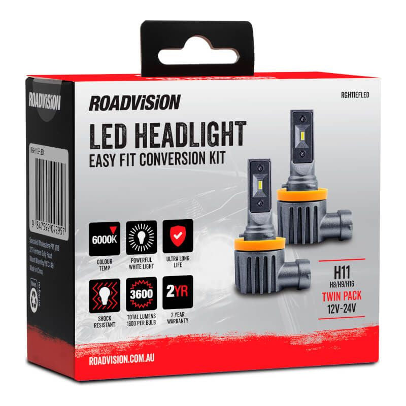 Roadvision LED H8/H9/H11/H16 12V-24V 6000K Easy Fit Headlight Globe Kit
