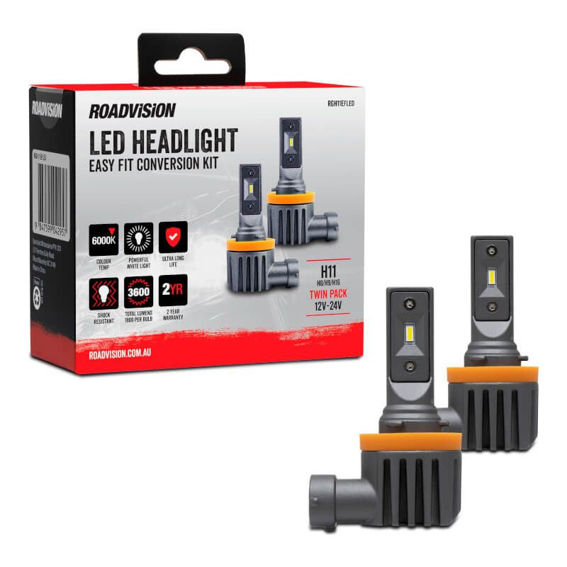 Roadvision LED H8/H9/H11/H16 12V-24V 6000K Easy Fit Headlight Globe Kit