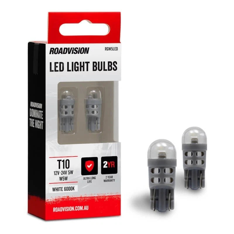 Roadvision LED Wedge T10 12V W5W W2.1X9.5D 6000K White 2PK Signal Globes