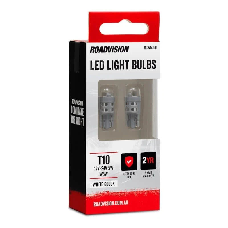 Roadvision LED Wedge T10 12V W5W W2.1X9.5D 6000K White 2PK Signal Globes