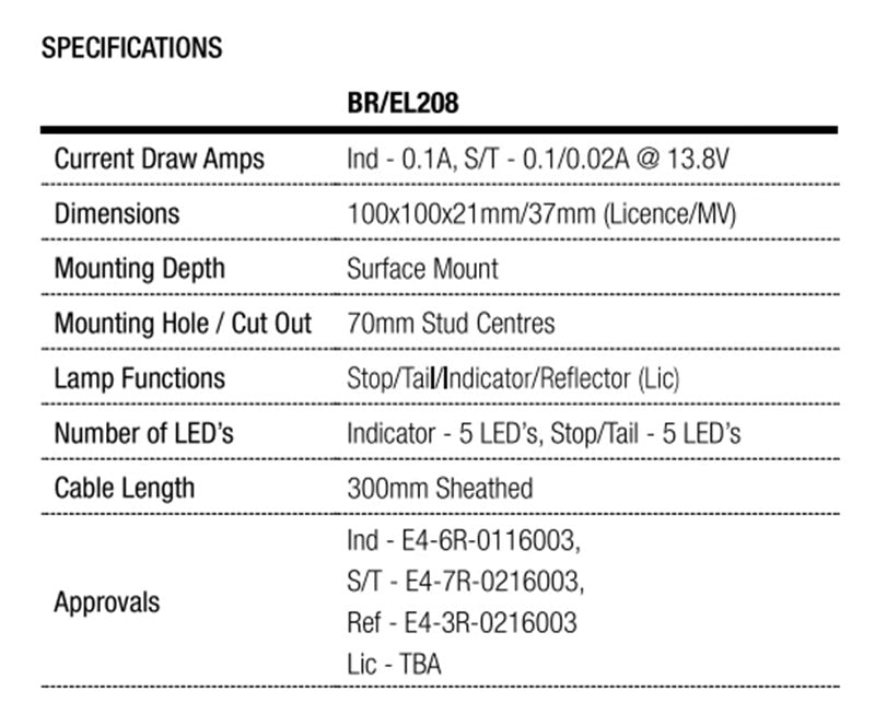 Roadvision LED Rear Combination Lamp Kit 12V Stop/Tail/Ind/Ref/Lic 100x100mm