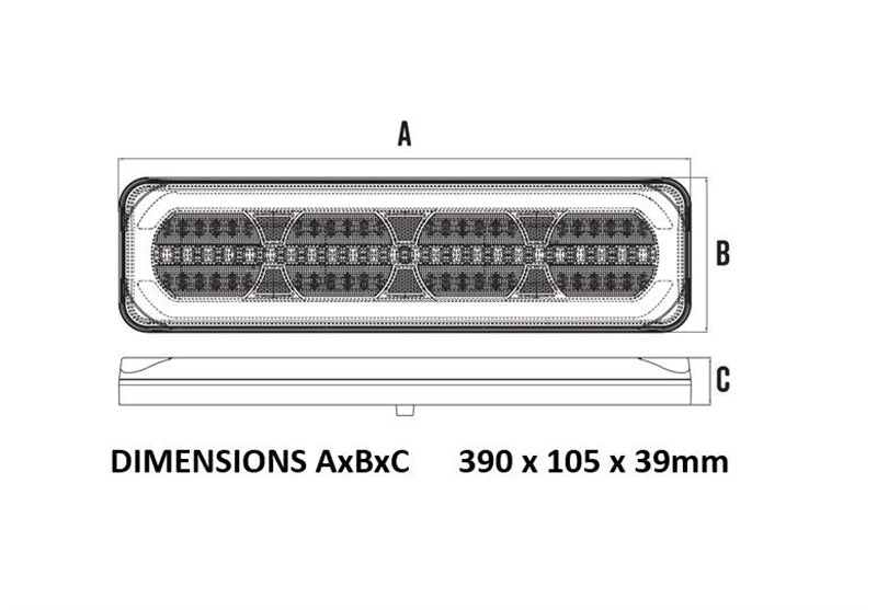 Roadvision LED Rear Combination Lamp 10-30V Stop/Tail/Ind/Ref Glowtech Tail 390x105x39mm