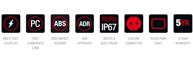 Roadvision Pair LED Rear Combination Lamp Kit 10-30V Stop/Tail/Ind/Ref/Lic Surface Mnt 202x111mm