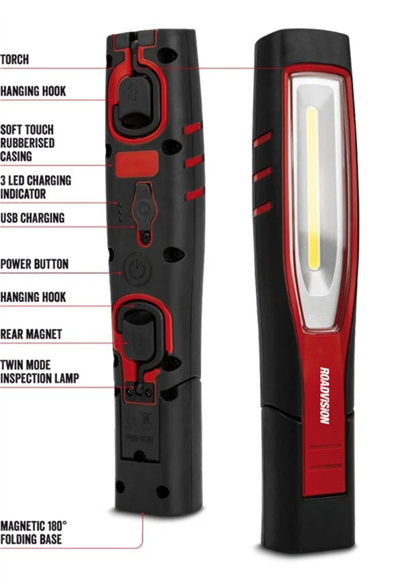 Roadvision LED Hand Held Workshop Lamp 1000lm + Torch Magnetic/Hook USB-C Charge