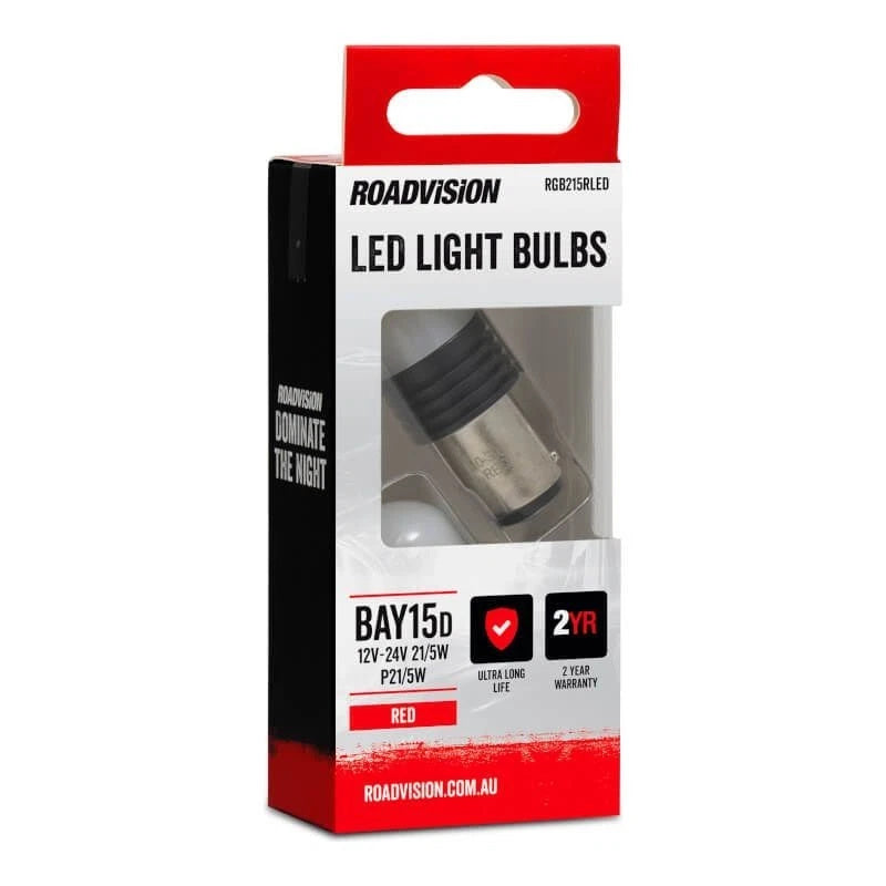 Roadvision LED Bayonet P21/5W 12V-24V BAY15D Red 2PK Signal Globes -2 Years Warr