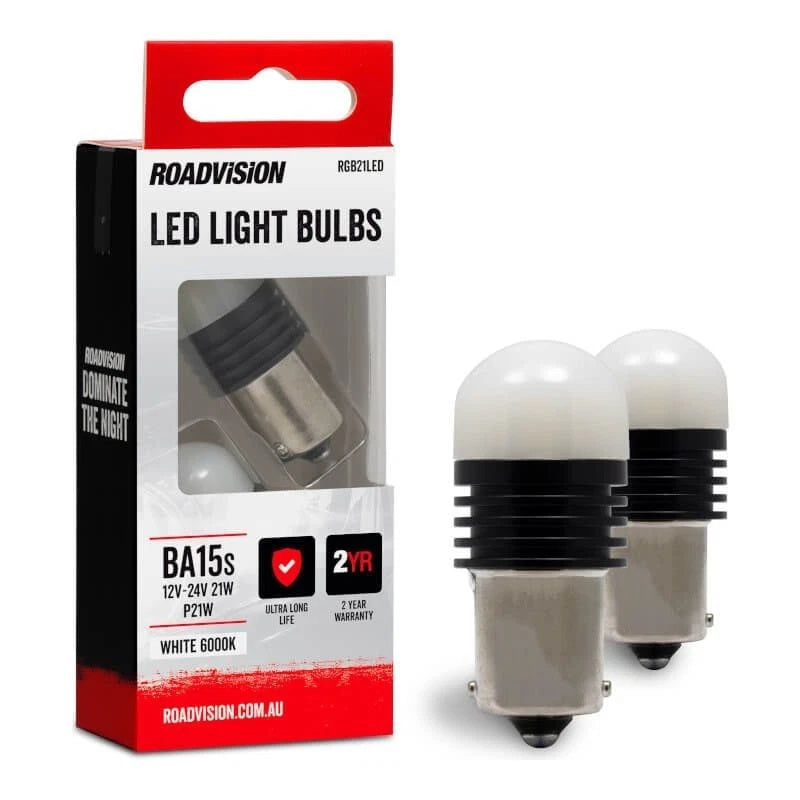Roadvision LED Bayonet 12V-24V 21W BA15S 6000K White 2PK Signal Globes