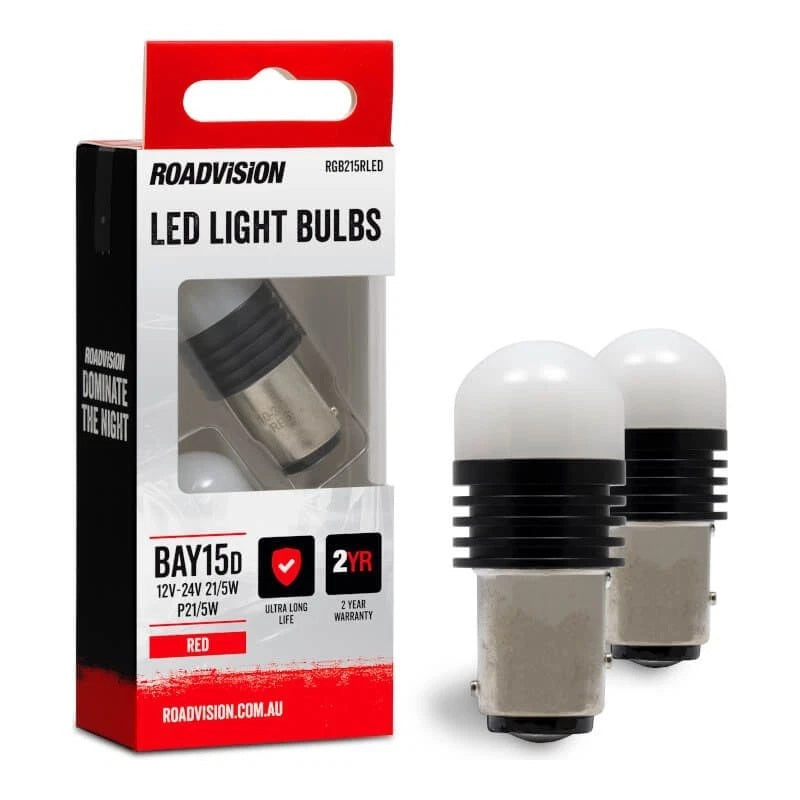 Roadvision LED Bayonet P21/5W 12V-24V BAY15D Red 2PK Signal Globes -2 Years Warr