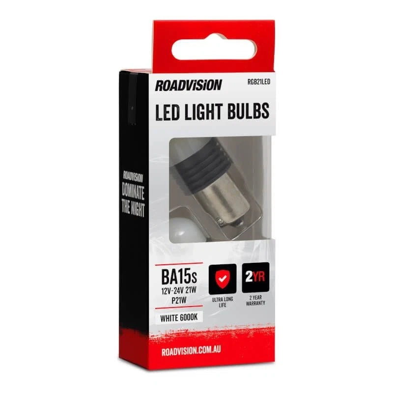 Roadvision LED Bayonet 12V-24V 21W BA15S 6000K White 2PK Signal Globes