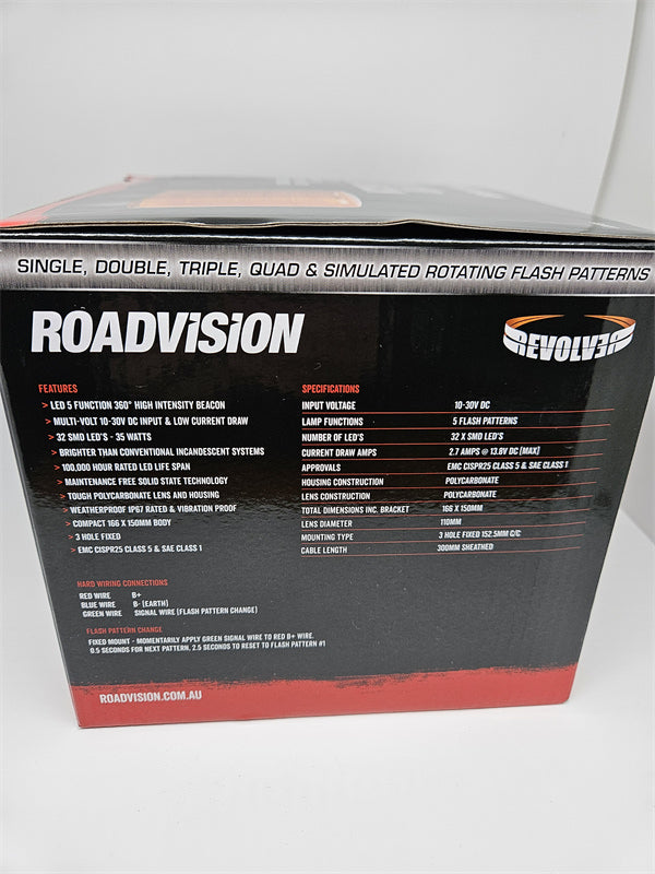 Roadvision LED Beacon Revolver 10-30V Amber Fixed Mount 28W 5 Functions SAE Clas