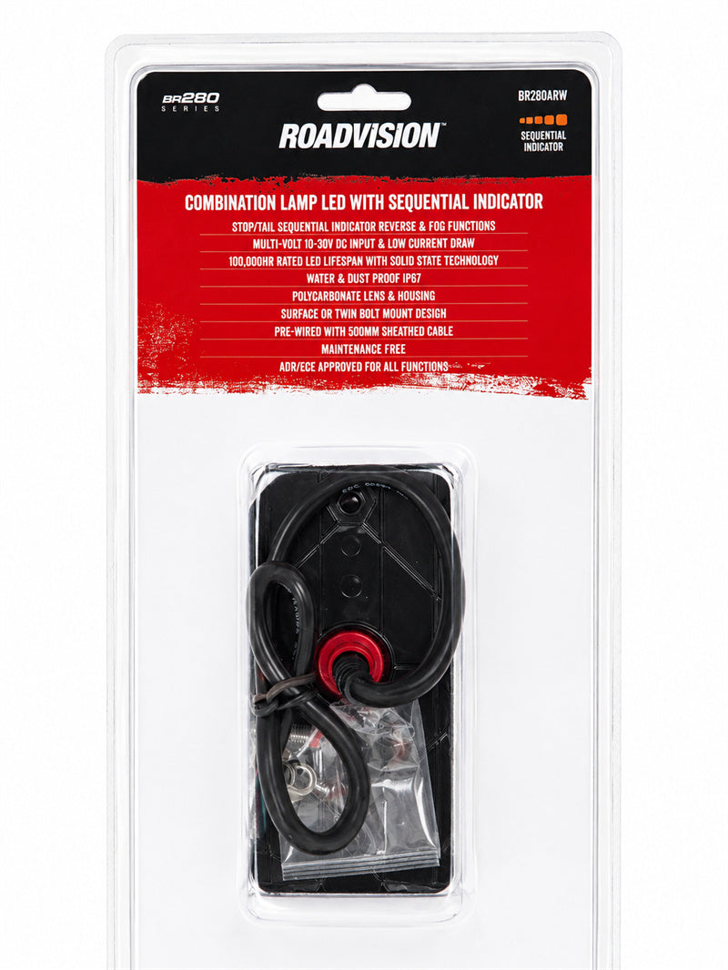 Roadvision LED Rear Combination Lamp 10-30V Stop/Tail/Ind/Rev/Fog/ Ref 283x100mm Sequential Ind
