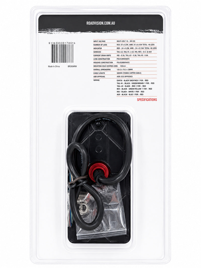 Roadvision LED Rear Combination Lamp 10-30V Stop/Tail/Ind/Rev/Fog/ Ref 283x100mm Sequential Ind