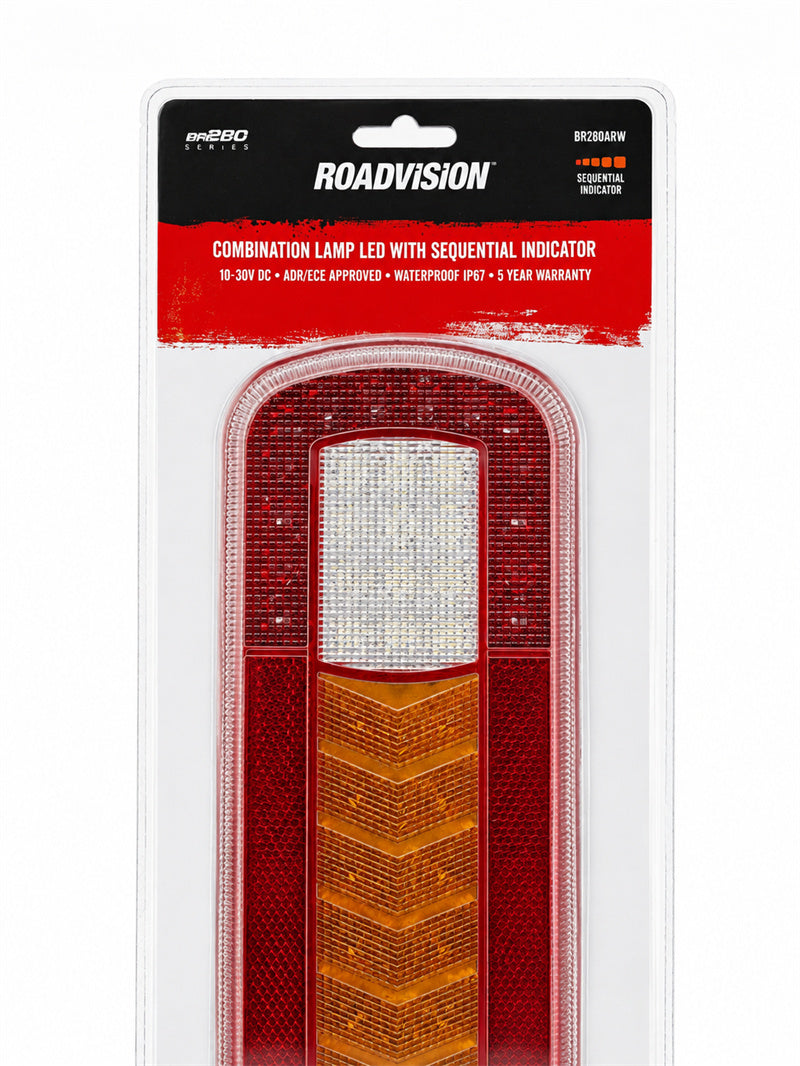 Roadvision LED Rear Combination Lamp 10-30V Stop/Tail/Ind/Rev/Fog/ Ref 283x100mm Sequential Ind