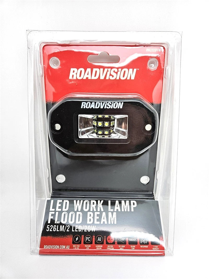 Roadvision 20W LED Work Light 120° Flood Beam 9-36V 526lm Flush Mount IP67