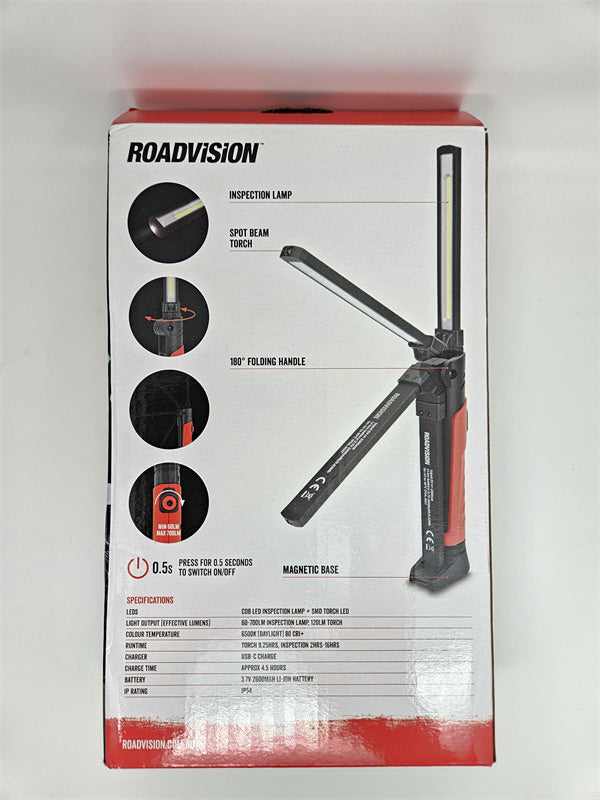 Roadvision LED Foldable Inspection Lamp 700lm + Torch Magnetic/Hook Dimmable USB-C Charge