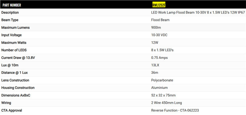 Roadvision 12W LED Work Light Flood Beam 10-30V 900lm IP68 ADR Reverse