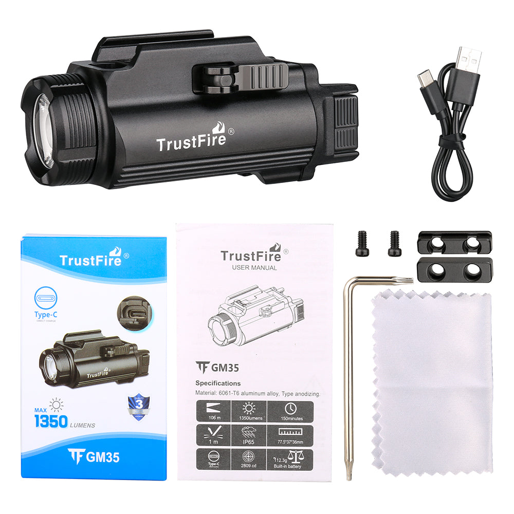 GM35 LED Tactical Light 1350 Lumens, Type-C Direct charger LED Rail Mount Flashlight kit