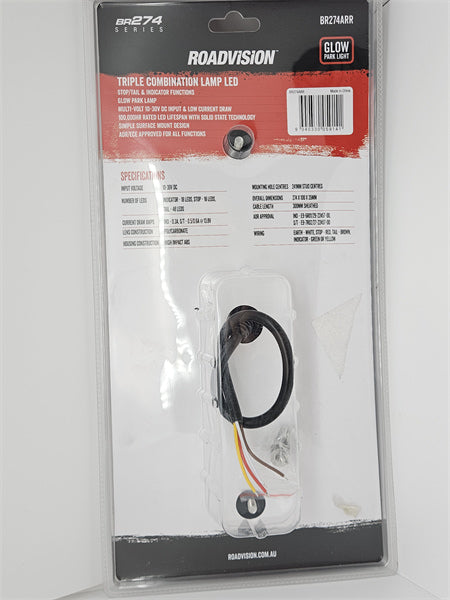 Roadvision LED Rear Combination Lamp 10-30V Stop/Tail/Ind x3 Glow Park 274x100mm