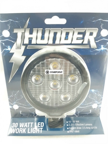 Thunder LED Work Light Round - Powerful 30 Watt Cree - 80m Flood - IP67